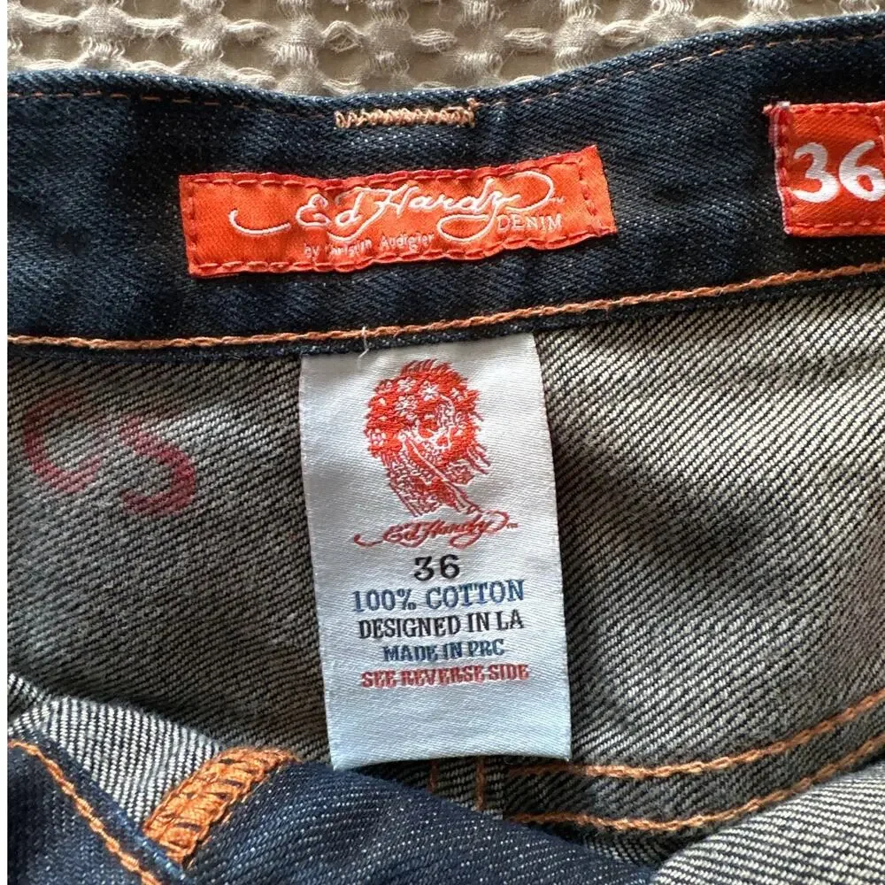 VINTAGE ED HARDY Y2K Baggy Denim Shorts - Christian Audigier Eagle‎ Snake - 36